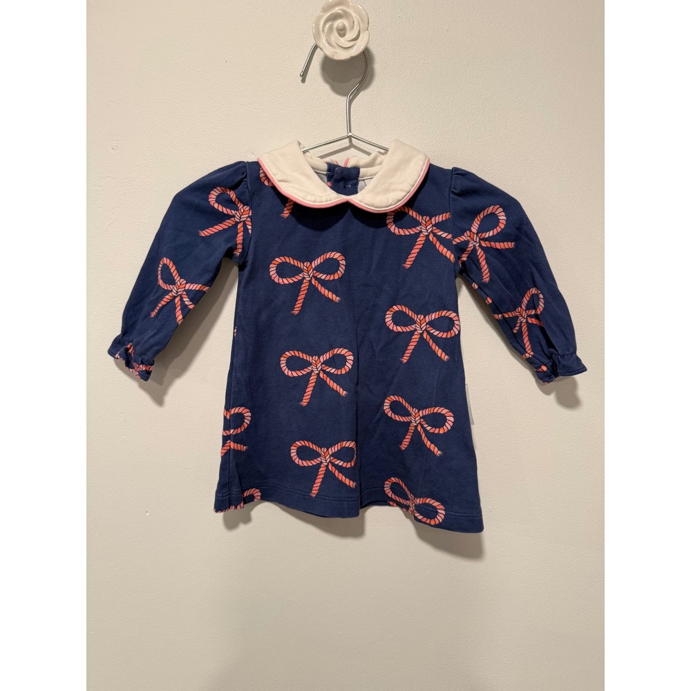 Nantucket Kids Navy Pink Rope Bow Pima Cotton Peter Pan Collar Dress 6-9 Months